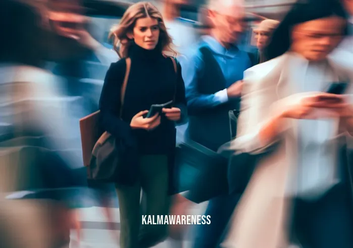 non striving mindfulness _ Image: A crowded city street during rush hour, people hurrying past each other with stressed expressions.Image description: Pedestrians on a busy urban street, absorbed in their phones, rushing, and visibly tense.