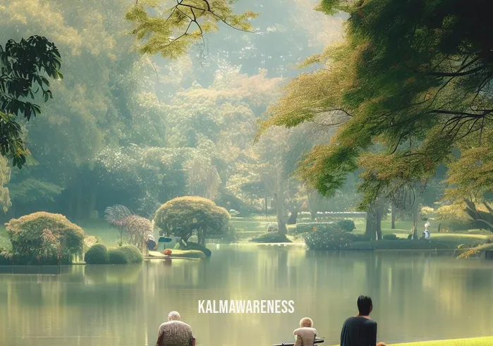 non striving mindfulness _ Image: A serene park scene, with a calm lake, lush greenery, and people sitting on benches, some practicing meditation.Image description: A peaceful park with a tranquil lake, individuals meditating on benches, and a sense of serenity.