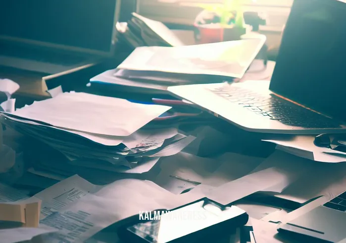 non striving mindfulness _ Image: A cluttered, messy desk covered in work documents, laptops, and scattered papers.Image description: A cluttered workspace symbolizing stress and disorganization.