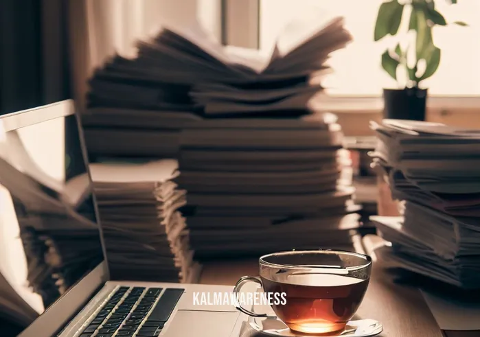 non striving mindfulness _ Image: A tidy and organized workspace with a laptop, a few neatly arranged documents, and a cup of tea.Image description: A well-organized desk with a laptop, neatly stacked papers, and a soothing cup of tea.