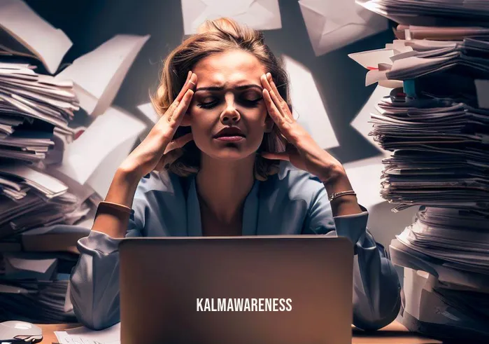 nonstriving _ Image: A woman sitting at a cluttered desk, overwhelmed by piles of work and a laptop screen displaying multiple unread emails. Image description: A weary office worker surrounded by a mountain of paperwork and unanswered messages.