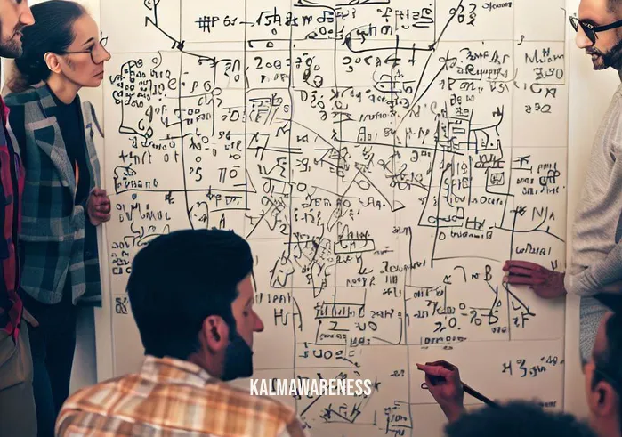 nowhere squares _ Image: A diverse group of people gathered around a whiteboard covered in mathematical equations. Image description: Collaboration at its finest, as a team brainstorms ways to tackle the nowhere squares challenge.