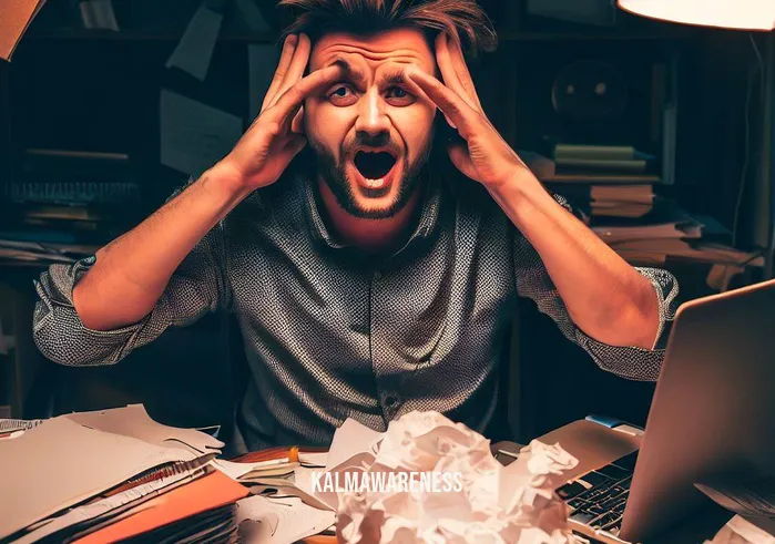 one mindfully _ Image: A cluttered and messy desk, with scattered papers, open laptop, and a stressed person with a furrowed brow. Image description: A cluttered workspace symbolizing chaos and distraction.