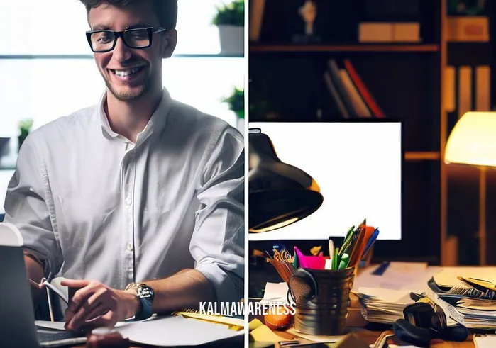 one mindfully _ Image: The same person, now at their organized desk, focused and productive, working on tasks with a smile. Image description: A transformed workspace showing order and efficiency.