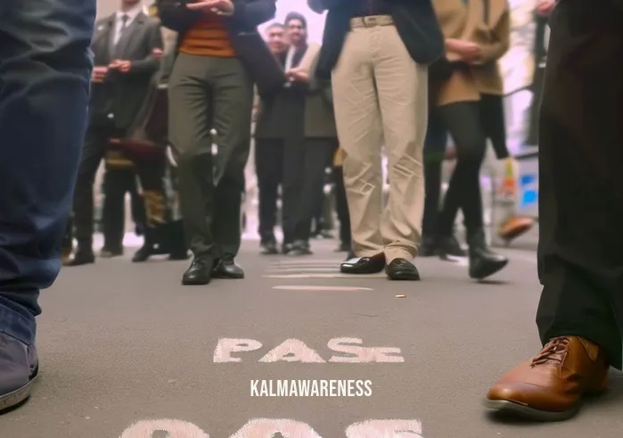 pause mark that blends in with its surroundings _ Image 2: Image description: The camera zooms in, revealing puzzled passersby, engrossed in their smartphones, completely oblivious to the unassuming pause symbol beneath their feet.