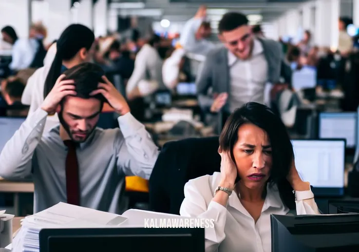 pause technique _ Image: A bustling office with employees at their desks, looking stressed and overwhelmed. Image description: In a crowded office, employees sit at their desks, surrounded by piles of work and stressed expressions.