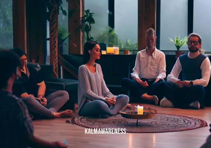 pause technique _ Image: A group of employees gathered in a cozy meeting room, engaging in a mindfulness meditation session. Image description: In a serene meeting room, a group of employees sit comfortably, participating in a mindfulness meditation session to pause and relax.