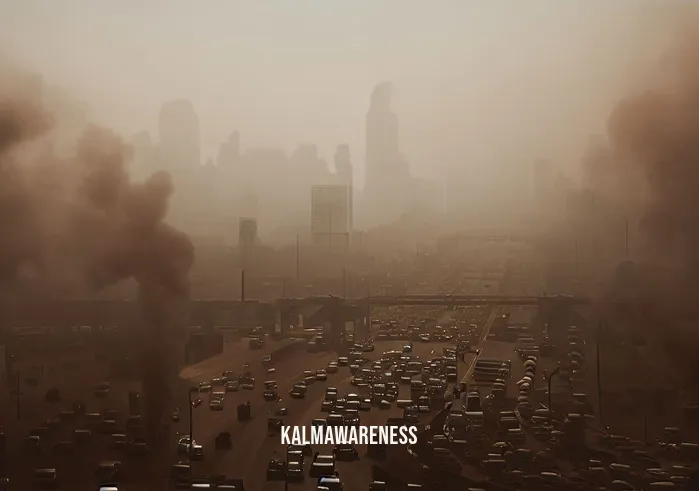 planet mindful magazine _ Image: A polluted cityscape under a hazy sky, with heavy traffic and smog. Image description: Urban pollution with cars emitting exhaust, creating a hazy and unhealthy environment.