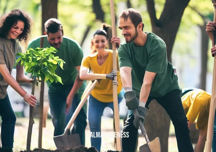 planet mindful magazine _ Image: Volunteers planting trees in the same park, transforming it into a green oasis. Image description: A group of enthusiastic volunteers planting trees, working towards a greener, healthier park.