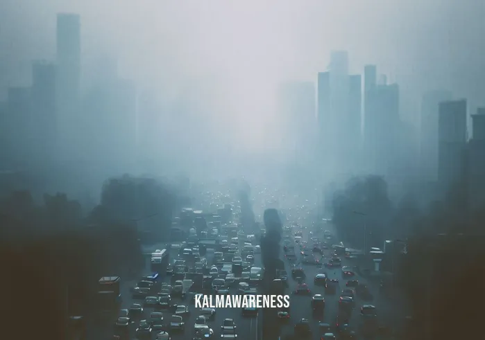 planet mindful _ Image: A bustling cityscape shrouded in smog, with cars stuck in traffic jams, and people wearing face masks.Image description: The city is engulfed in pollution, a stark reminder of our environmental challenges.