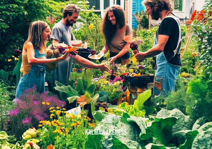 planet mindful _ Image: A vibrant urban garden flourishing with vegetables and flowers, surrounded by happy neighbors sharing their harvest.Image description: Sustainable urban farming and a sense of community thriving.