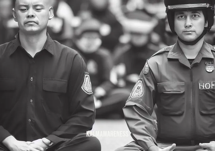 police meditation _ Image: A police officer, now sitting cross-legged next to a protester, also meditating, a sense of calm and understanding in their expression.Image description: A police officer and a protester sit side by side, both meditating, embodying a newfound sense of calm and understanding.