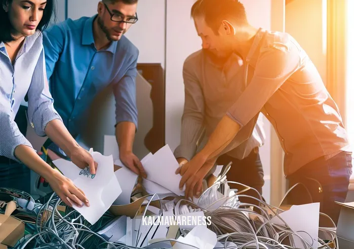 practice it! _ Image: A group of employees working together to declutter and organize the office, sorting papers, untangling cords, and creating a more efficient workspace.Image description: With teamwork and determination, the employees begin to tidy up the office. They sort through papers, untangle cords, and create a more organized and efficient workspace.