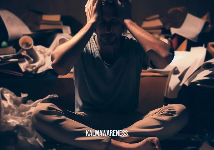 preparation for meditation _ Image: A person sitting cross-legged amidst the clutter, looking frustrated, with their hands on their temples.Image description: The individual appears overwhelmed by the disorder, struggling to find a sense of calm.