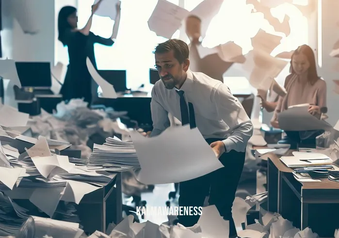 present here _ Image: A cluttered and chaotic office space with papers scattered everywhere, stressed employees looking overwhelmed.Image description: An office environment in disarray, with employees frantically searching for important documents amidst the chaos.