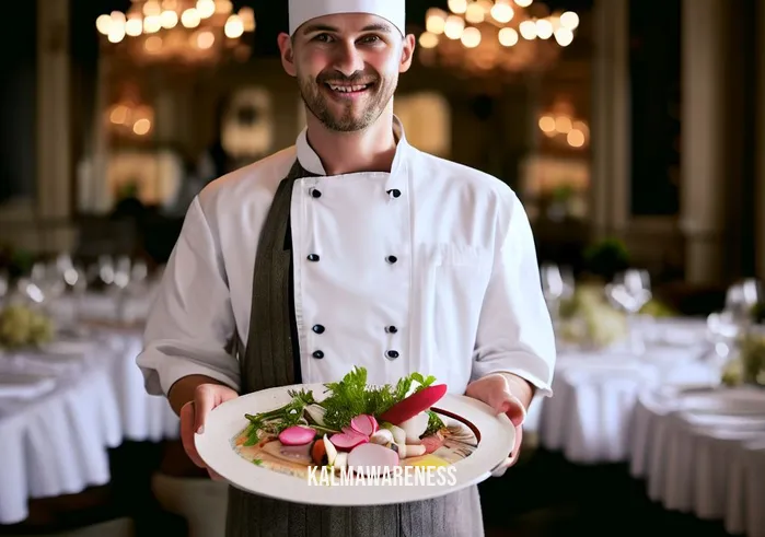 radish craving _ Image: A satisfied chef holding a plate of radish dishes in a beautifully set dining table. Image description: A chef smiles proudly, presenting a plate of creatively prepared radish dishes on a beautifully set dining table.