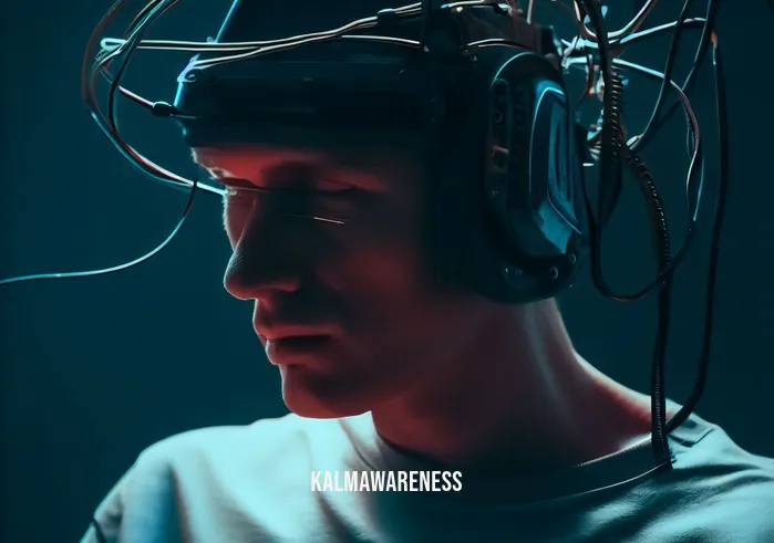 read mind filter _ Image: A person wearing a futuristic headgear with wires connected, appearing contemplative. Image description: An individual wearing experimental technology, immersed in a serene mental state.