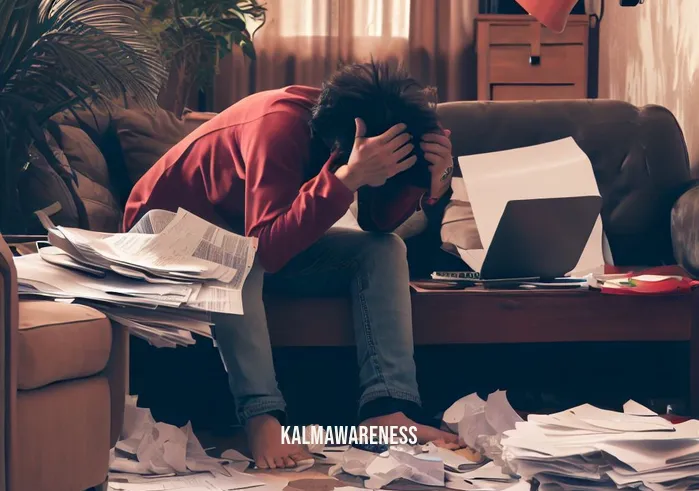 relax in cursive _ Image: A cluttered and chaotic living room, with scattered papers, a ringing phone, and a stressed person hunched over a laptop.Image description: A person surrounded by the chaos of work, overwhelmed by tasks, and a sense of urgency.