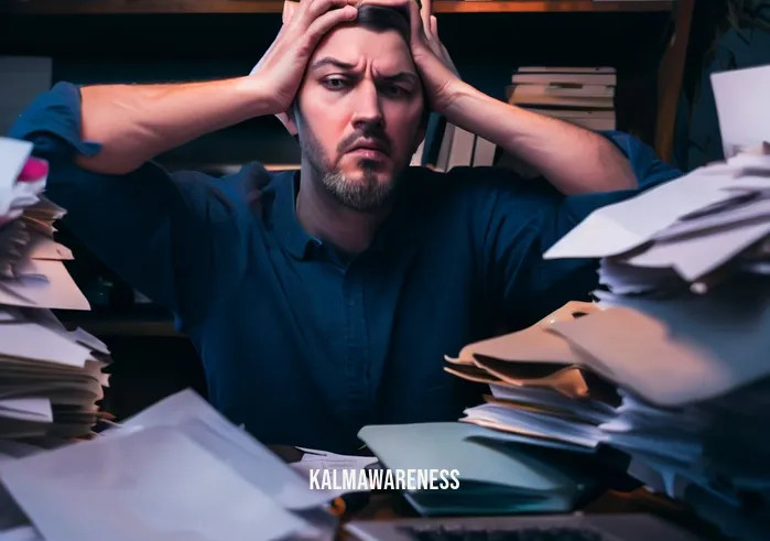 reminder to breathe _ Image: A cluttered and messy home office, stacks of papers, and an overflowing inbox on a computer screen.Image description: A person at the desk, visibly overwhelmed, staring at the chaos around them with a deep furrowed brow.