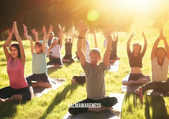 rise up take a breath _ Image: A diverse group of individuals participating in a yoga session, spread out on a sunlit grassy meadow.Image description: People of various ages and backgrounds engaging in yoga poses, finding inner peace as they stretch and breathe deeply.