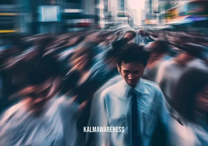 rising higher meditation zen meditation ambient _ Image: A crowded, noisy city street filled with people rushing about, looking stressed and anxious.Image description: The bustling cityscape is alive with activity, but it