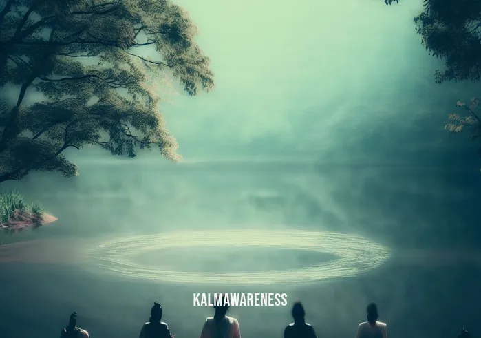 rising higher meditation zen meditation ambient _ Image: A serene lakeside with a small group of individuals meditating in a circle, finding some peace amidst nature.Image description: Beside a calm lake, a small group sits in meditation, their postures steadier, as nature