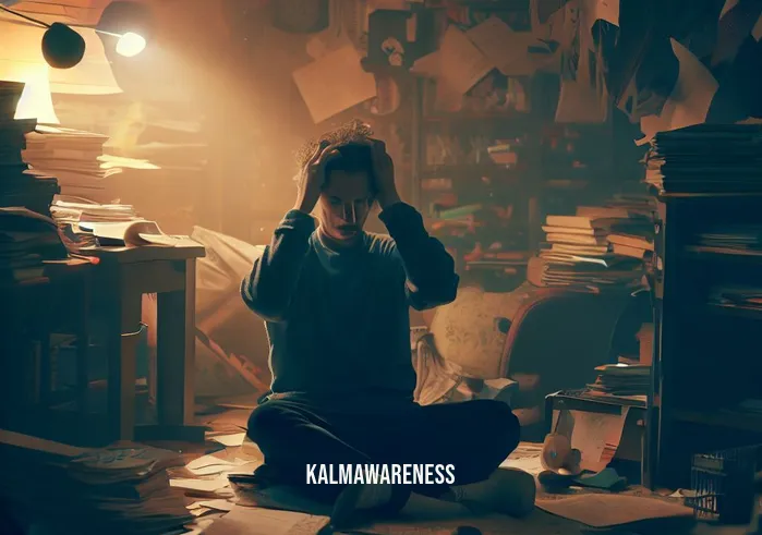 rituals meditation _ Image: A cluttered and chaotic room, with scattered objects and a person looking stressed.Image description: A cluttered room filled with scattered books, papers, and a person sitting amidst the chaos, looking stressed.