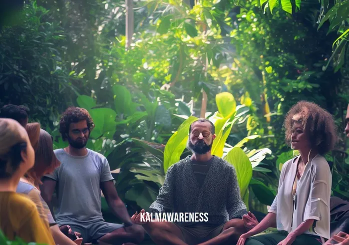 rituals meditation _ Image: A group of people practicing meditation in a lush, tranquil garden setting.Image description: A group of people from diverse backgrounds practicing meditation in a lush, tranquil garden setting, forming a community of mindfulness.