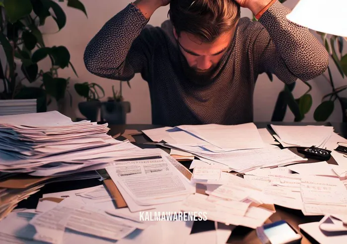 money meditation _ Image: A cluttered desk with scattered bills, unpaid invoices, and financial statements. Harried-looking person in front of the desk, rubbing their temples in frustration.Image description: The desk is in disarray, papers strewn about haphazardly. The person sitting there looks stressed, overwhelmed by their financial obligations. Late payment notices and due dates are evident on several documents.