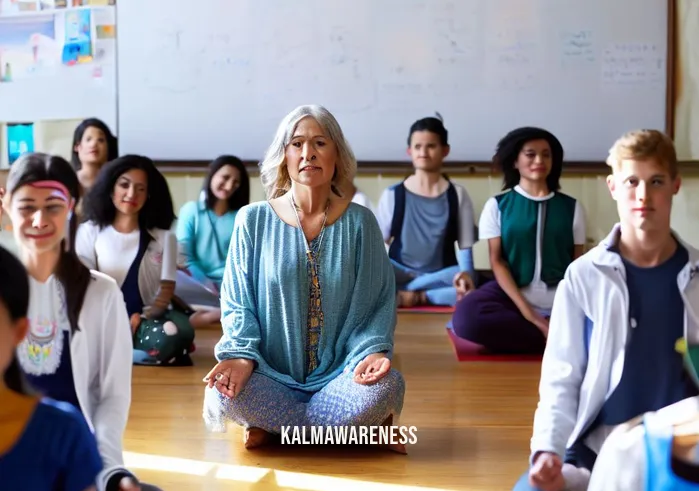 saki santorelli _ Image: Saki Santorelli, a serene and compassionate mindfulness instructor, stands at the front of a classroom filled with diverse students. Image description: Saki Santorelli, dressed in peaceful attire, leads a mindfulness session, students sitting cross-legged, eyes closed, finding stillness.