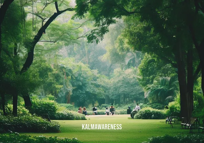 sebene selassie meditation _ Image: A serene park with lush greenery, where people are sitting on benches, looking a bit more relaxed.Image description: The park offers a tranquil escape from the urban hustle, with individuals finding solace amidst nature