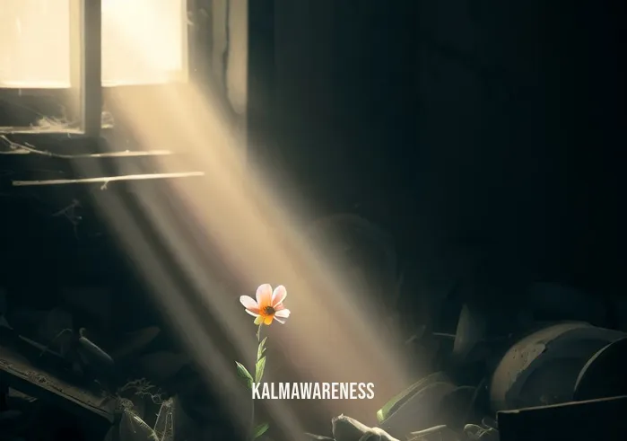 seeing beauty in everything _ Image: A beam of sunlight breaking through the window, highlighting a single, beautiful flower growing amidst the mess.Image description: A beam of sunlight breaking through the window, highlighting a single, beautiful flower growing amidst the mess.