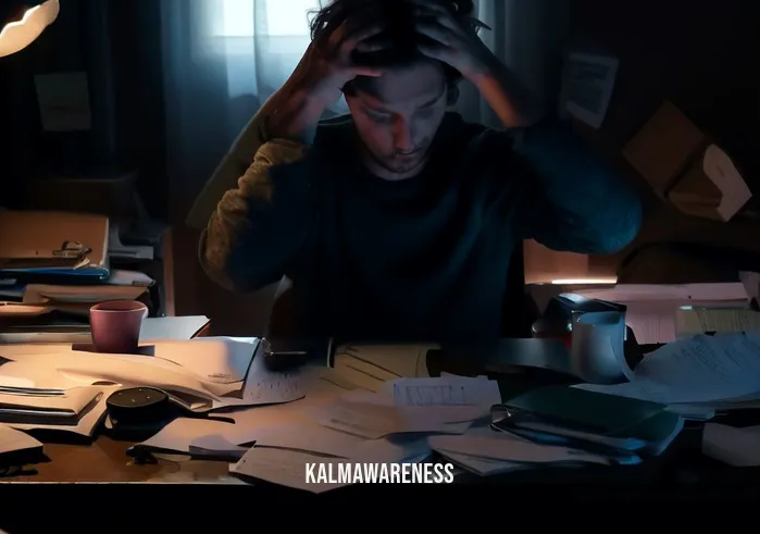 short morning meditation _ Image: A person sits at a cluttered desk with a stressed expression, surrounded by papers and a laptop.Image description: In the dim morning light, a person appears overwhelmed at their cluttered desk, surrounded by unfinished tasks and a disorganized workspace.
