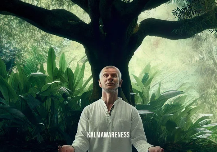 morning grounding meditation _ Image: The same person now practicing meditation in a peaceful outdoor setting, under a tree, with a serene expression.Image description: Transitioning from indoors, the individual now meditates beneath a tranquil tree in a lush outdoor setting. The surroundings exude calmness, and the person