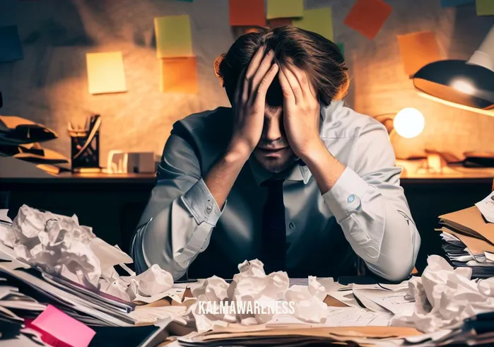 sitback method steps _ Image: A cluttered and messy office desk with papers scattered everywhere, a stressed person sits in front of it, looking overwhelmed.Image description: A cluttered and messy office desk with papers scattered everywhere, a stressed person sits in front of it, looking overwhelmed.
