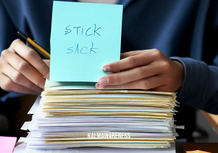 sitback method steps _ Image: A person at the desk organizing papers into neat piles, with a notepad open to jot down tasks, demonstrating the first steps of the sitback method.Image description: A person at the desk organizing papers into neat piles, with a notepad open to jot down tasks, demonstrating the first steps of the sitback method.