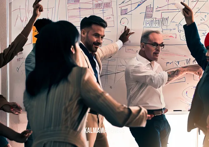 sitting in the power _ Image: A diverse group of executives brainstorming around a whiteboard, pointing at charts and graphs, symbolizing collaboration and a potential solution.Image description: A diverse group of executives in the boardroom stands around a whiteboard, animatedly pointing at charts and graphs. Their body language shows a newfound energy as they collaborate on potential solutions.