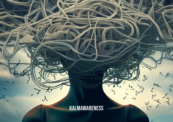 sleep meditation for women _ Image: A cluttered and stressed mind symbolized by a jumble of thoughts, depicted as tangled threads, hovering above the woman