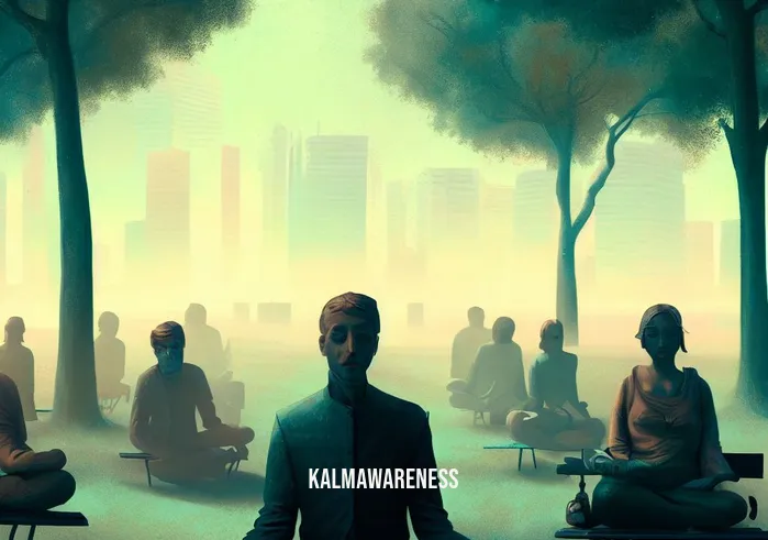 slowing our minds around our bodies _ Image 2: Image description: A serene park scene, individuals sitting on benches, eyes closed in meditation, attempting to regain mindfulness amidst the urban chaos.