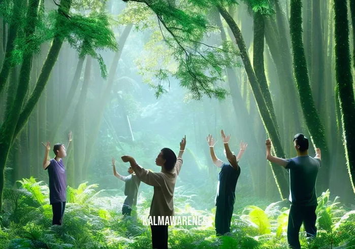 slowing our minds around our bodies _ Image 4: Image description: A lush forest clearing, a few individuals practicing Tai Chi in harmony with nature, achieving a deeper connection between mind and body.