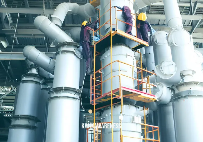 smookler _ Image: Engineers working on a massive air purification system installation. Image description: Skilled technicians assemble towering air scrubbers, a symbol of hope for cleaner air in the city.