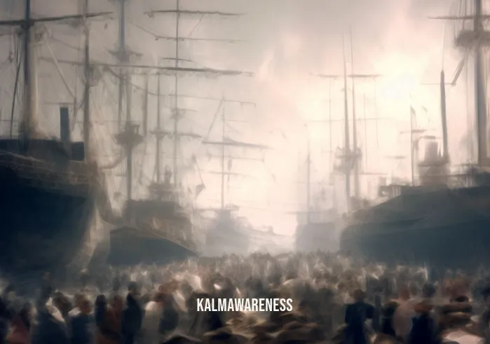 spiritfarer meditation _ Image: A bustling, crowded harbor with ships of all sizes docking, people looking lost and overwhelmed. Image description: The harbor is chaotic, filled with bustling activity as people rush around, looking confused and anxious.