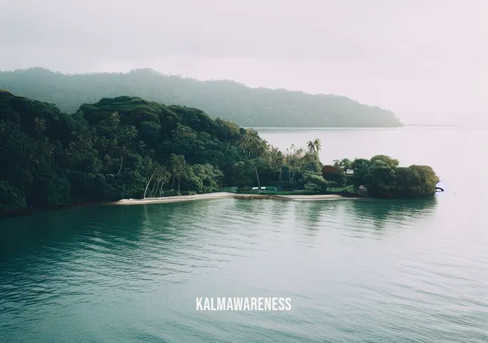 spiritfarer meditation _ Image: A serene, tranquil island with lush greenery and a calm, inviting shoreline. Image description: The island offers a stark contrast to the harbor, with its peaceful scenery and welcoming shores.