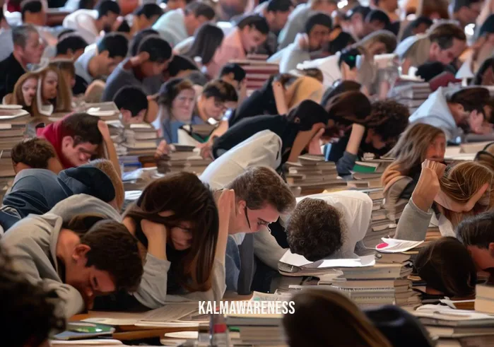 stanford mindfulness class _ Image: A crowded and chaotic classroom filled with students hunched over their desks, looking stressed and overwhelmed.Image description: Students in a Stanford mindfulness class struggle to focus, surrounded by cluttered desks and a tense atmosphere.