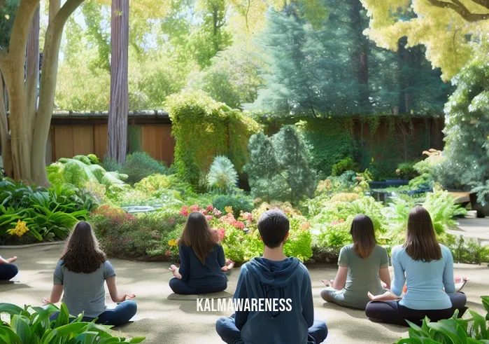 stanford mindfulness class _ Image: A serene outdoor setting with a peaceful garden, where students are sitting cross-legged in a circle, eyes closed, and practicing deep breathing.Image description: The same students have found tranquility in nature, participating in a mindfulness exercise in Stanford