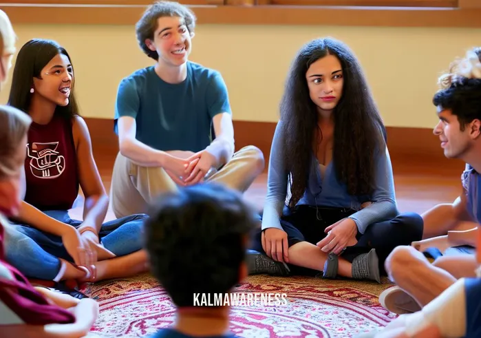 stanford mindfulness class _ Image: A group of students engaged in a discussion, sitting in a circle with attentive expressions, actively listening to each other.Image description: In Stanford