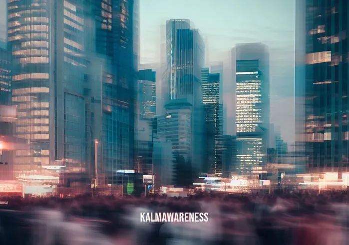 star meditation _ Image: A crowded and noisy city skyline at dusk, with people rushing in all directions.Image description: The cityscape is filled with tall buildings, bustling streets, and a chaotic atmosphere as people go about their daily routines.