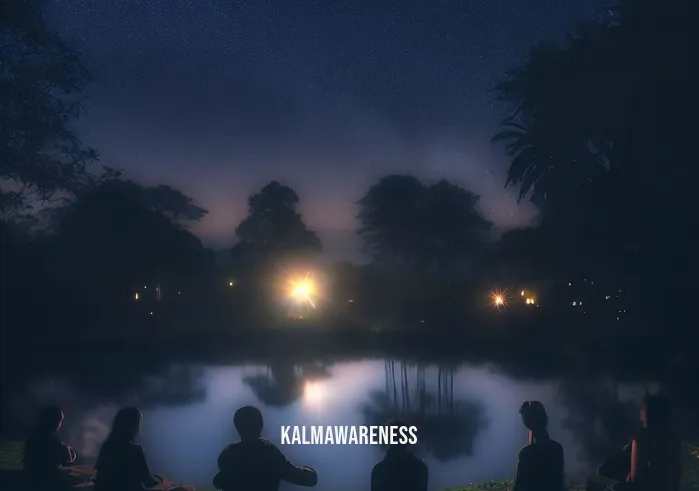 star meditation _ Image: A group of people sitting in a circle by the pond, practicing mindful meditation under the starry night sky.Image description: A small group sits in a circle by the pond, under the starry night sky, engrossed in their meditation practice, finding solace in the peaceful environment.