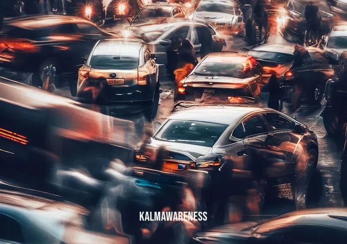 stop think observe proceed _ Image: A crowded city intersection during rush hour, with cars and pedestrians in chaos.Image description: Traffic jam at a bustling city crossroads, horns blaring, people rushing.