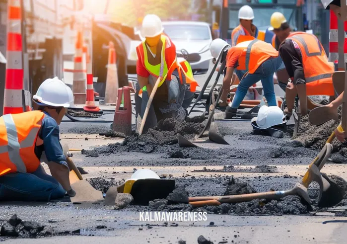 take 2 minutes _ Image: A construction site with workers in hard hats and tools, busy repairing the road and managing traffic.Image description: Construction workers are diligently repairing the road, a sign of progress in resolving the traffic issue.